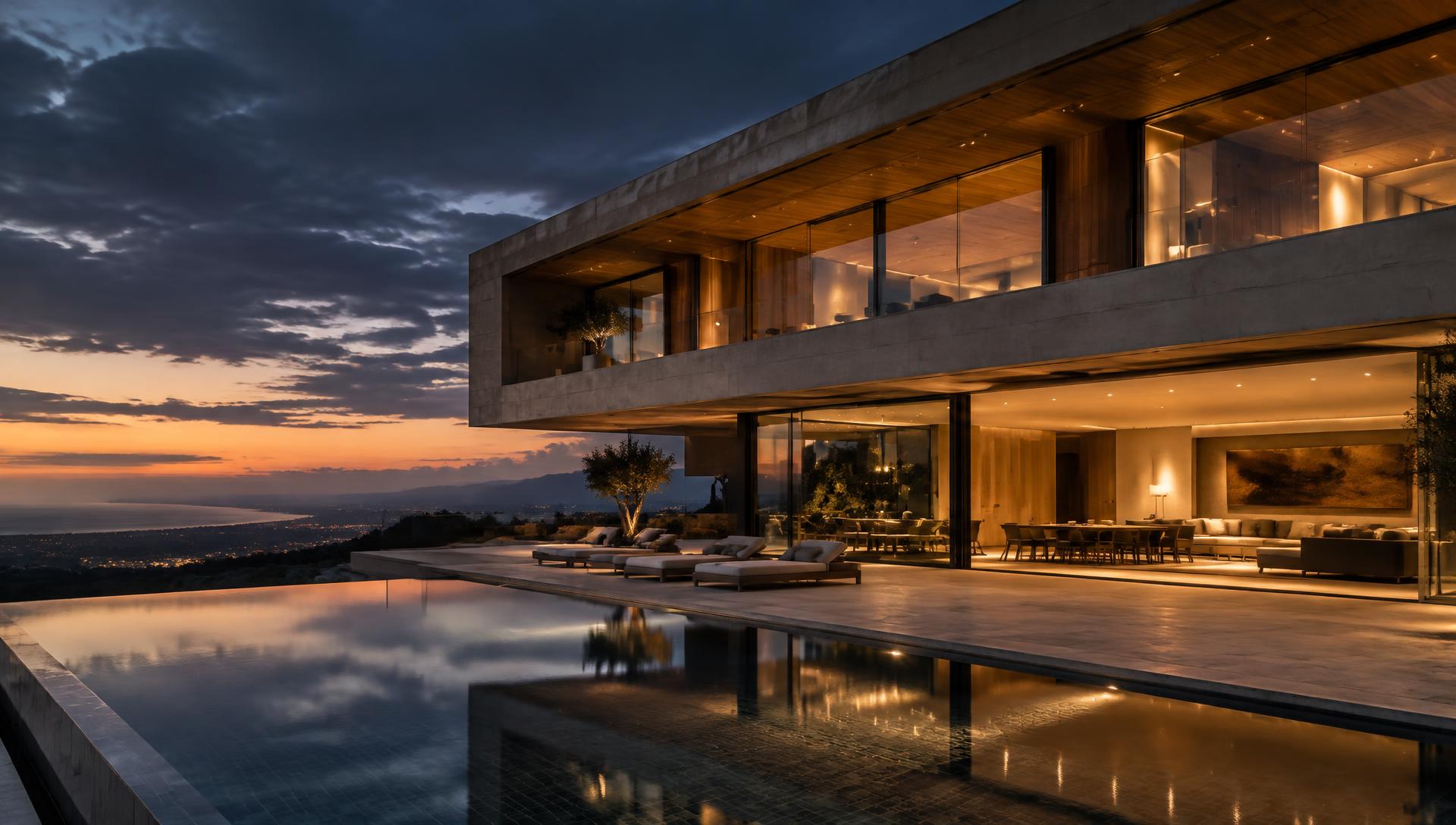 Arquitectura residencial contemporánea al atardecer